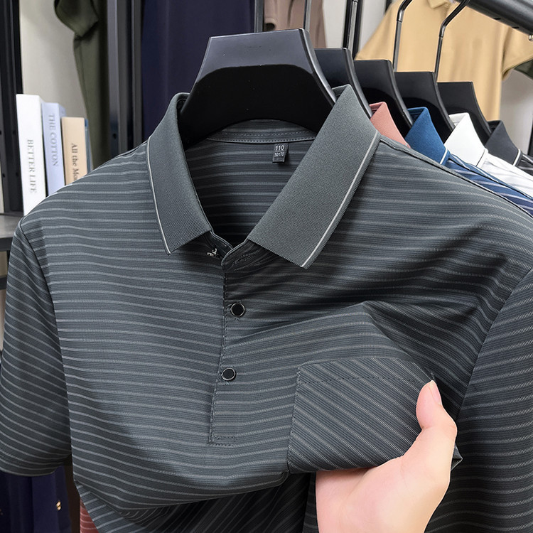 Middle-Aged and Elderly Men's Ice Silk Polo Shirt with Collar, 2026 Summer New Striped Stretch Breathable Men's T-Shirt Middle-Aged and Elderly Men's Ice Silk Polo Shirt with Collar, 2026 Summer New Striped Stretch Breathable Men's T-Shirt