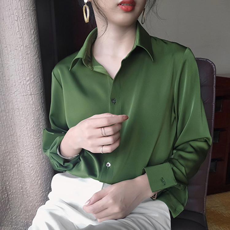 Matcha Aocado Green Satin Shirt Women's Long Sleeve Spring and Autumn New Korean Style Simple Elegant Slimming Commuter Shirt