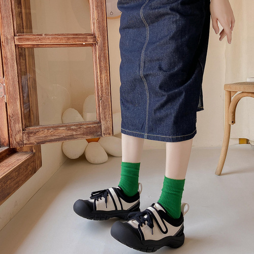 New Japanese double-needle pile socks ins trendy green spring and autumn mid-length Korean socks solid color women's white socks