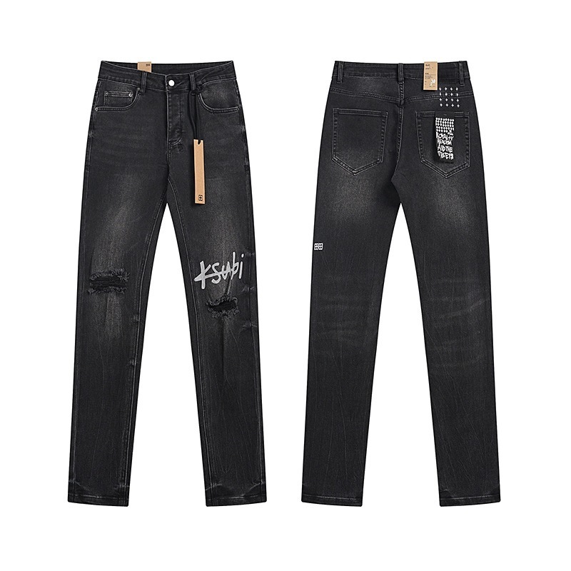 Ksubi トレンディなパープル新 AM スプラッシュインクプリントハイストリートレトロリッピングカジュアルメンズとレディーススリムジーンズ|undefined