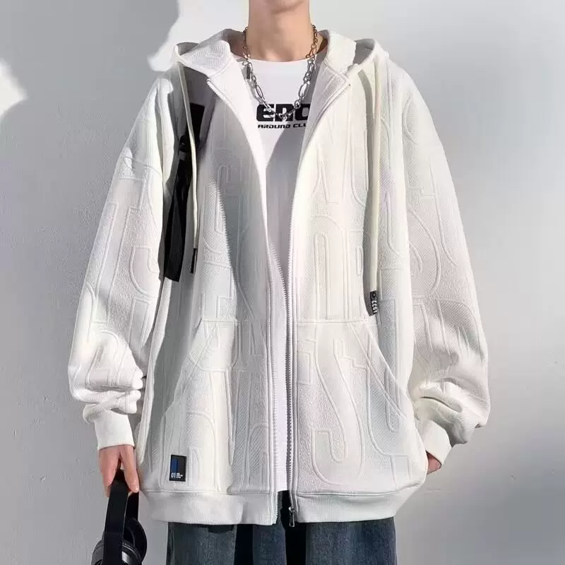 跨境外贸潮牌提花卫衣男春秋季宽松男士外套休闲百搭开衫卫衣男