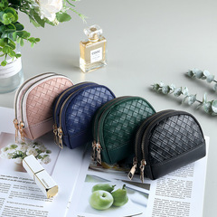 跨境時尚編織紋皮革雙拉鏈零錢包女款精緻高檔手拿鑰匙扣小包