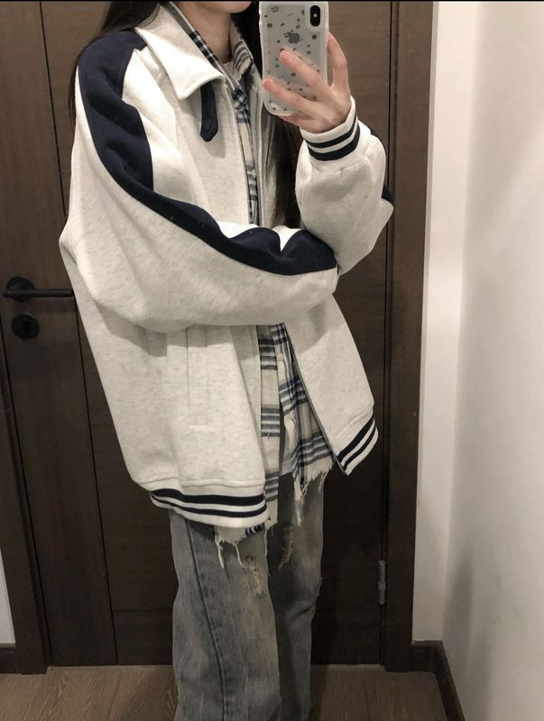 美式国潮撞色翻领棒球服外套女春秋宽松小众别致情侣开衫夹克卫衣|undefined