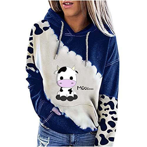 Navy blue tie-dye cow print cartoon calf print drawstring hooded sweatshirt, loose casual long-sleeve women's top Navy blue tie-dye cow print cartoon calf print drawstring hooded sweatshirt, loose casual long-sleeve women's top