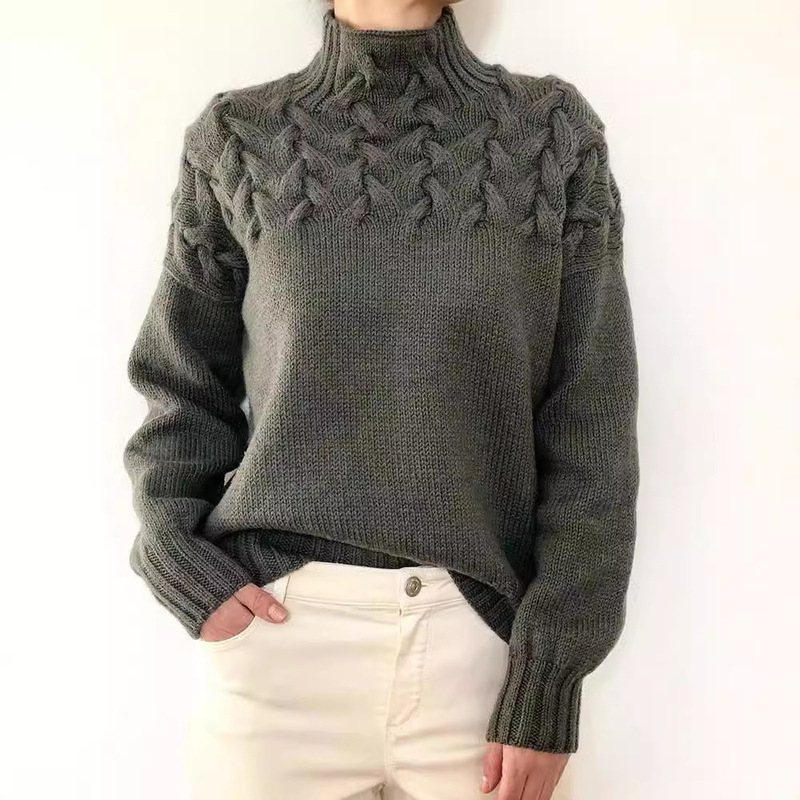 Amazon Cross-Border Spot Women's Clothing Independent Station Ebay Fashion Cable Braided Details High Collar Long-Sleeved Sweater for Women