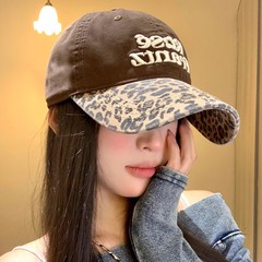 豹纹拼色字母刺绣棒球帽女美式复古显脸小鸭舌帽大头围软顶帽子潮