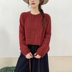 琪镌绘制日系森女立领纯色花边拼接宽松女套头长袖衬衫批发96236