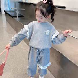 女宝宝休闲潮流花边卫衣秋装中大童春秋新款立体花朵长袖两件套潮