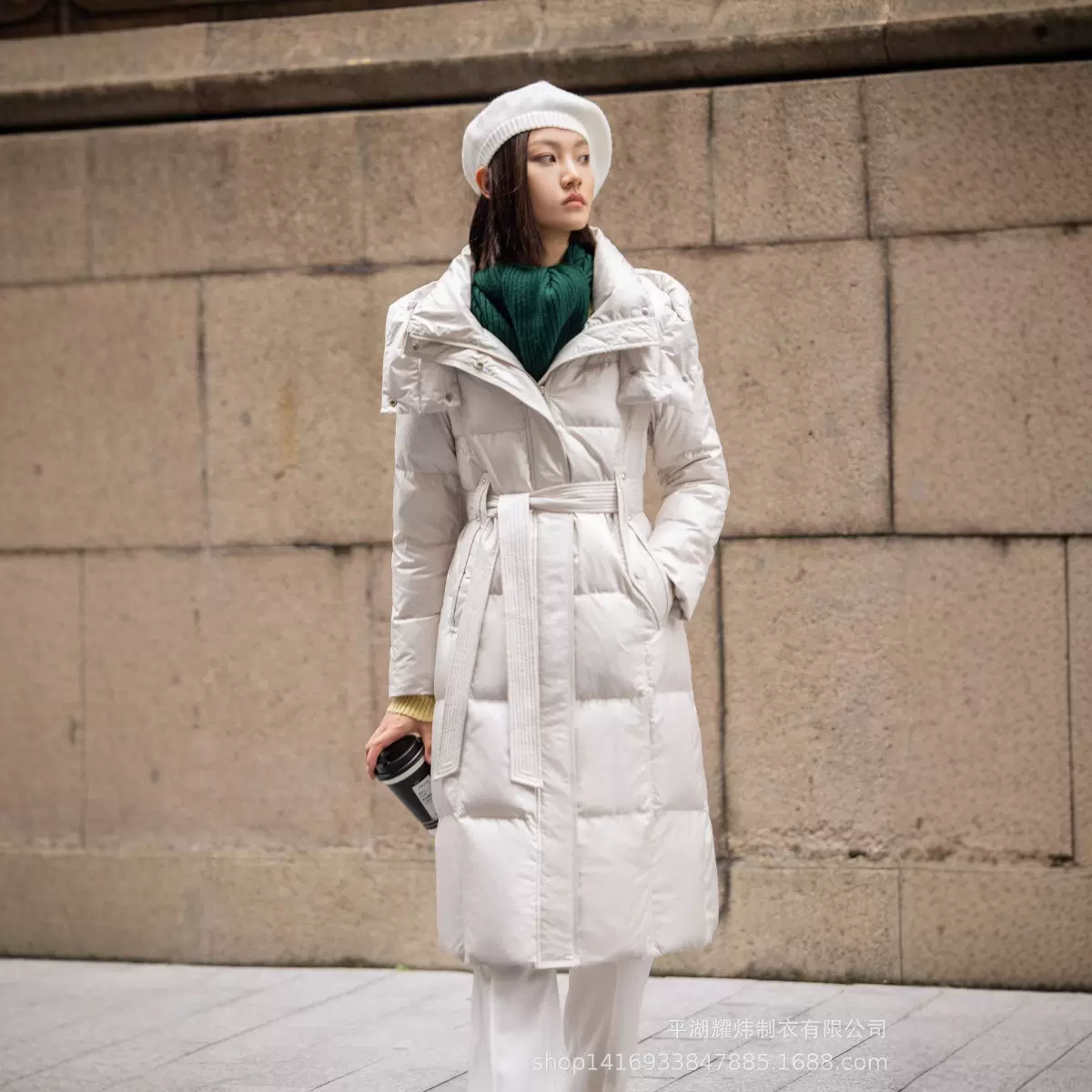 源头工厂冬季新款羽绒服女90新国标鹅绒腰带收腰长款鹅绒服