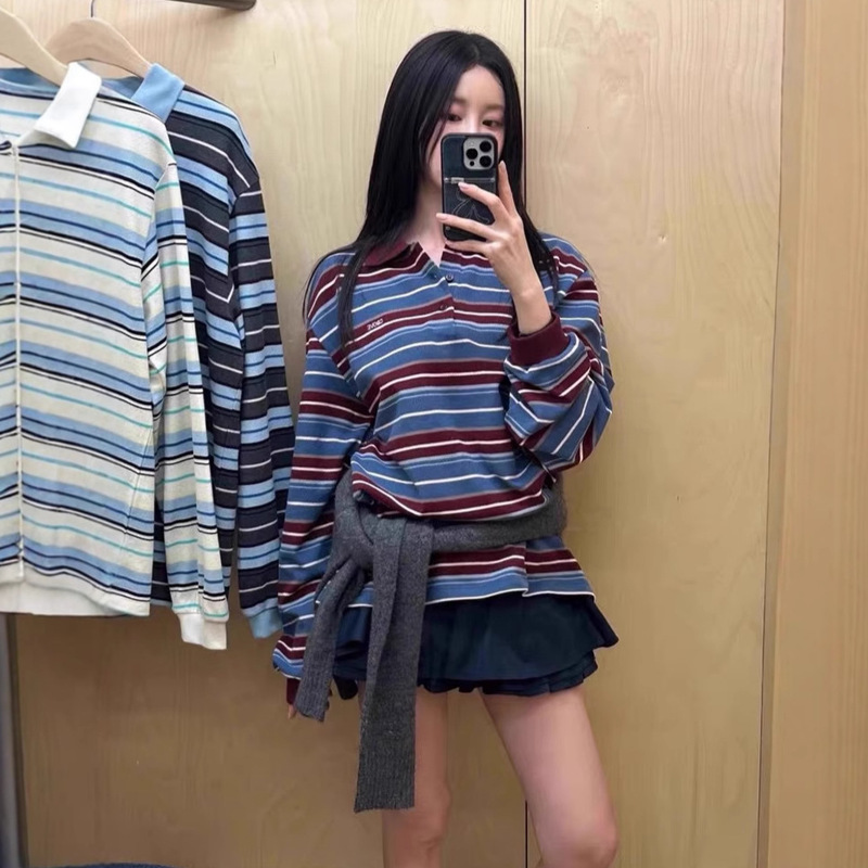 gro*ve重工高版本车静媛杨采钰同款复古撞色条纹翻领宽松长袖女|undefined
