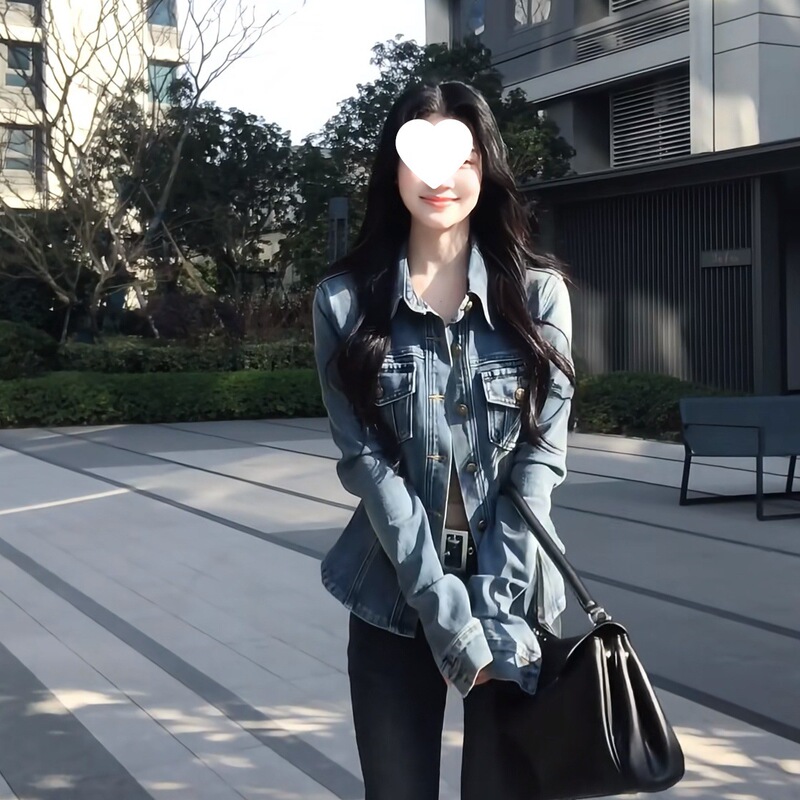 复古蓝色POLO修身弹性衬衫新款牛仔春秋款高级感收外套显瘦上衣女|undefined
