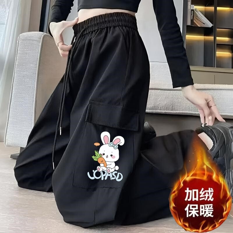 Fleece-Lined Women's Cargo Pants, Loose Slimming Casual Pants, Popular Straight-Leg Casual Pants for Autumn and Winter, High-Waisted Wide-Leg Long Pants