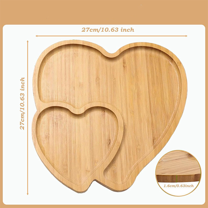 Bandeja de amor de bambú, en forma de corazón, bandeja de comedor de madera de bambú creativo, vajilla de cocina, bandeja de madera de queso de frutas, bandeja de madera maciza