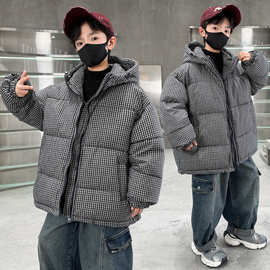 男童冬装棉衣2025新款加厚棉袄男孩中大童格子连帽保暖棉服批发