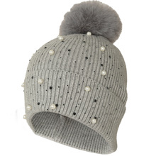 跨境爆款女士秋冬珍珠针织帽毛球卷边毛线帽外贸帽子保暖新款帽子