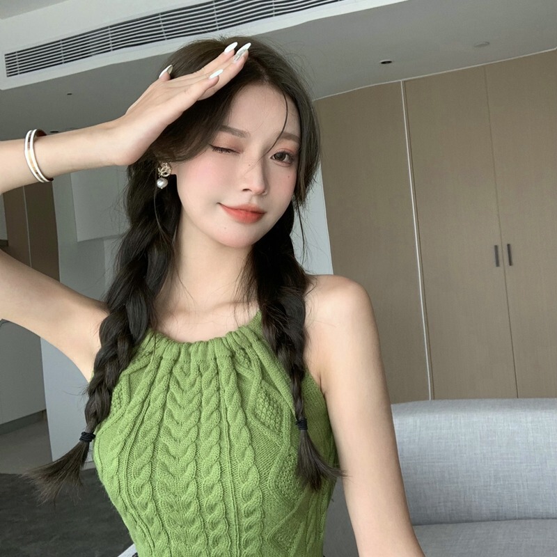 Korean Style 2025 Breathable Knitted Lace-Up Neck Camisole