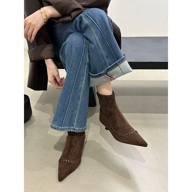 尖头短靴女2025秋冬季新款女靴小猫跟靴子短筒靴高跟鞋气质瘦瘦靴
