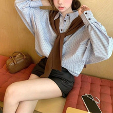 韩系新款慵懒风条纹POLO领长袖衬衫女装秋季休闲宽松显瘦百搭上衣