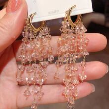 新款超仙水晶流苏耳扣女真金电镀网红气质耳环轻奢高级感耳饰品女
