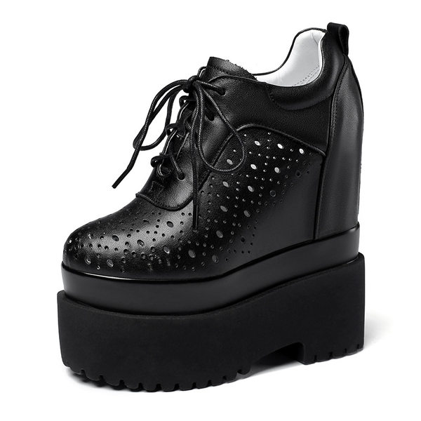 Giày sneaker nữ đế dày tăng chiều cao 16 cm, dây buộc, thiết kế hở mũi — màu đen