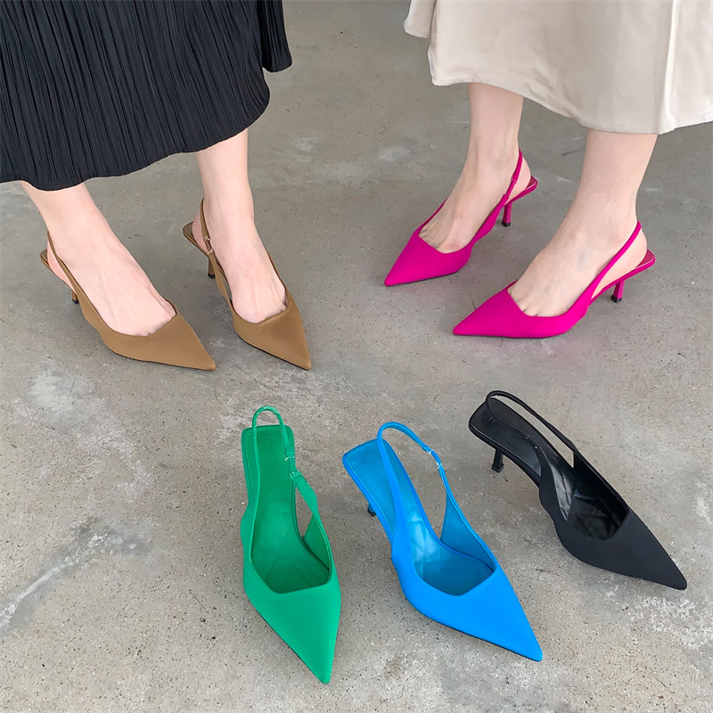 2022 Spring New pointed toe stiletto heel mid heel single-layer shoes back empty closed toe sandals high heel shoes Green women's shoes