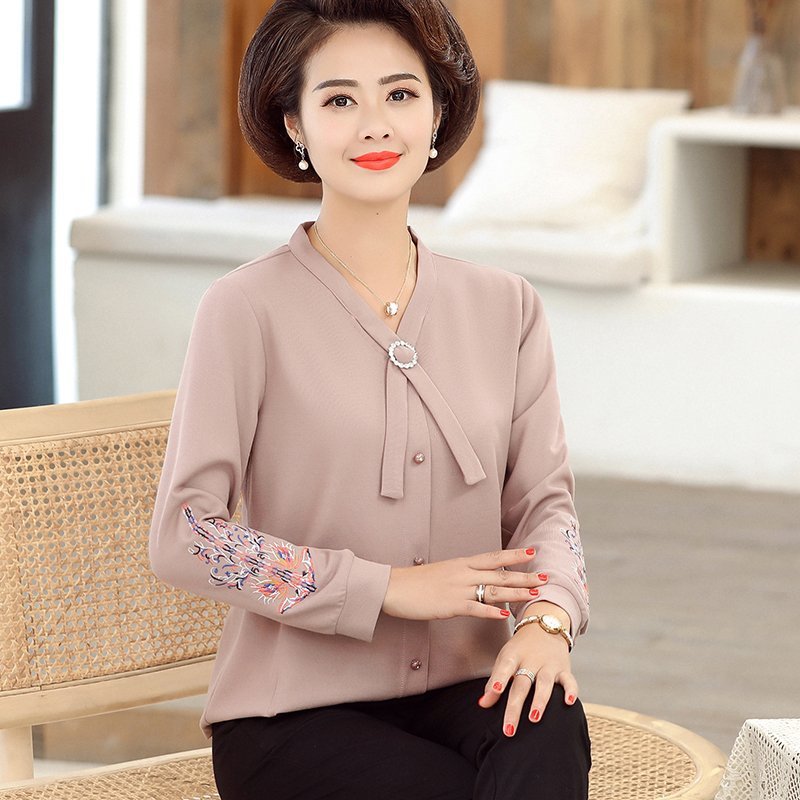 新款中老年春装妈妈装打底衫长袖宽松T恤洋气春秋T恤雪纺衬衫4050