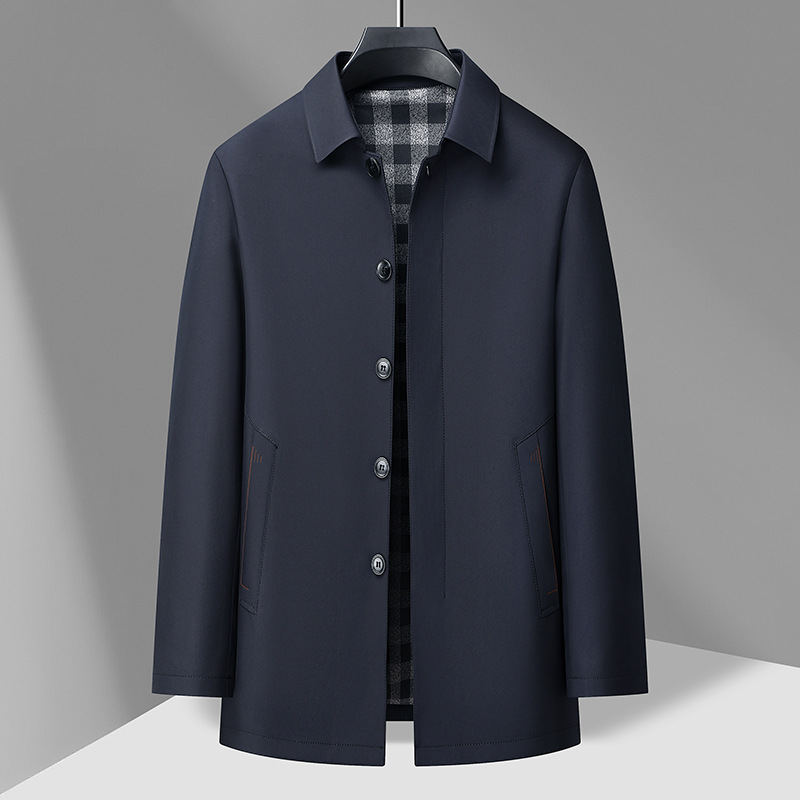 2024中老年男士纯色翻领单排扣行政风衣夹克衫春秋季新款长袖时尚