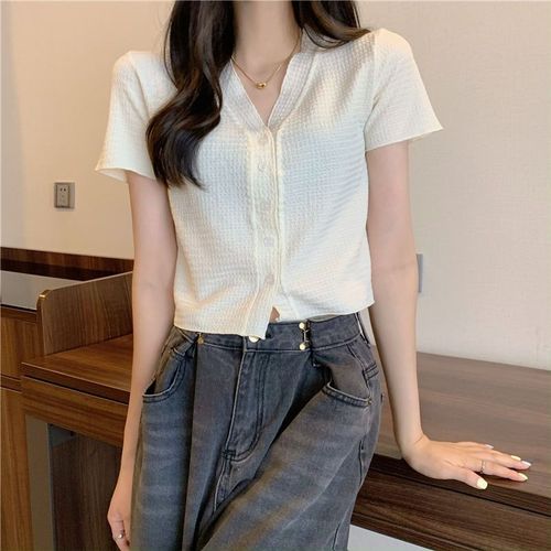 Designer-style niche women's summer Korean version temperament pleated V-neck slimming short-sleeved top women's gentle short-sleeved top