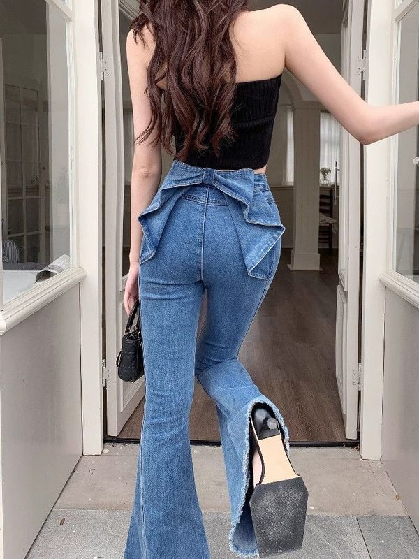美式复古立体蝴蝶结微喇牛仔裤女夏薄2025新款高腰显瘦翘臀喇叭裤|undefined