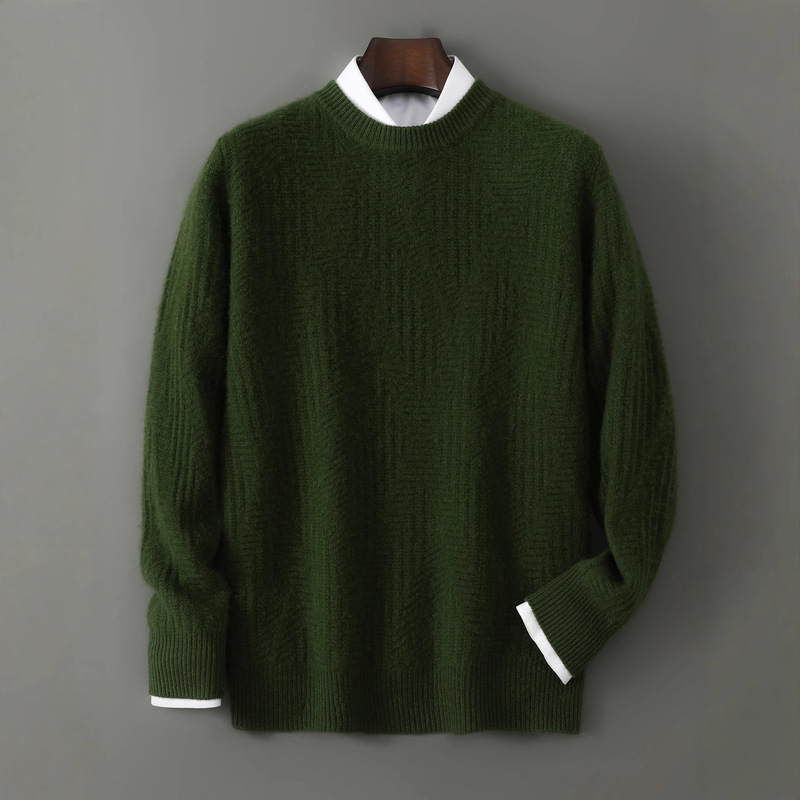 100% Australian Merino Wool Sweater Men's Round Neck Jacquard Thickened Long Sleeve Knitted Warm Sweater Bottoming Shirt for Men