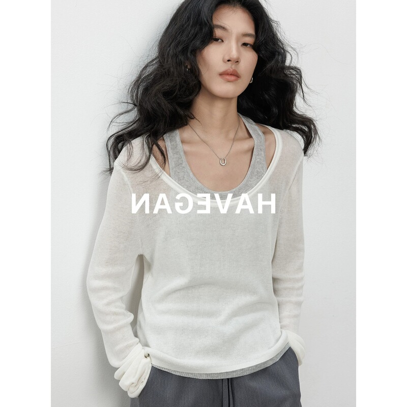 Havegan/Spring and Summer Lazy Knit Sweater for Women, Sun Protection Vest, Faux Two-Piece Old Money Style Top Havegan/Spring and Summer Lazy Knit Sweater for Women, Sun Protection Vest, Faux Two-Piece Old Money Style Top