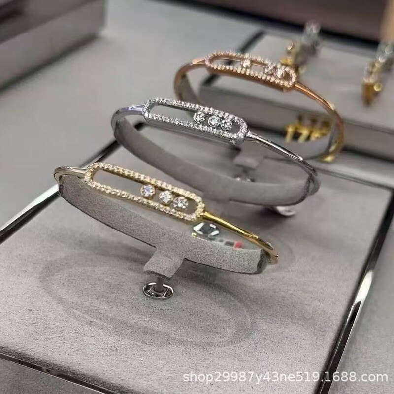 Messika Dynamic Bracelet with Three Diamonds, Sliding Rose Gold Bangle, Cross-Border 2025 New Model, Original Design, Gold-Plated