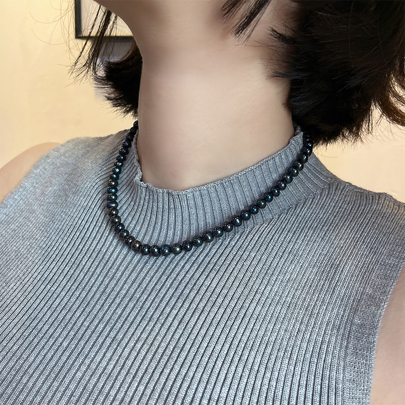 大溪地孔雀色7mm土豆圓天然淡水珍珠鎖骨鏈無核項鍊925銀扣