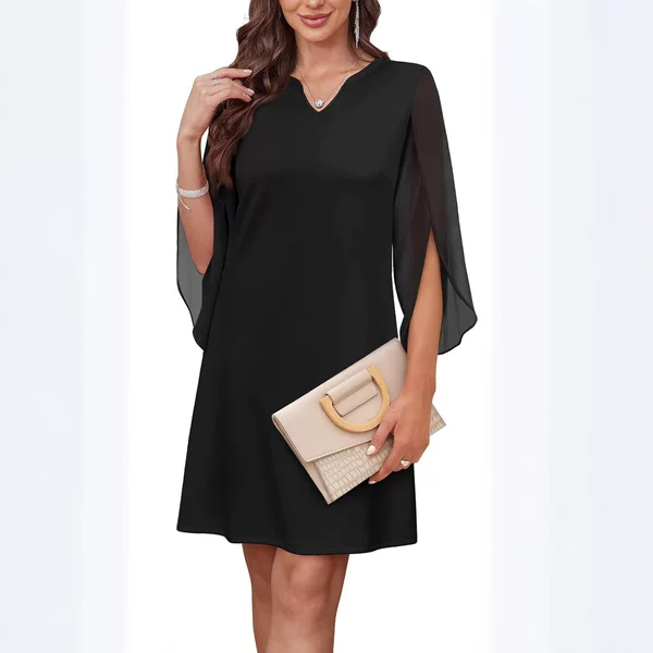 2025 Amazon Foreign Trade Cross-Border Double-Layer Chiffon Round Neck Cape Sleeve European and American Casual Dress Women's Clothing