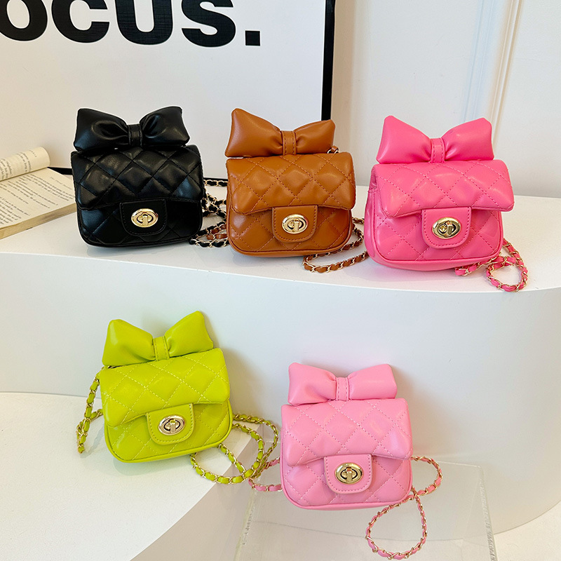 Mini bolso de hombro para niña, lindo lazo, cadena de moda, bolso de mensajero para niños, bolso de accesorios para niños rómbico