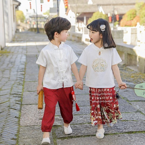 Children's Traditional Chinese Hanfu Sister and Brother Costume Kindergarten Performance Suit for Boys and Girls Spring and Summer Mamian Skirt Short Sleeve Set