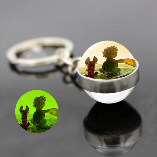 Keychain Pendant Necklace with Dual-Sided Glass Ball, Featuring the Little Prince, Fox, Glow-in-the-Dark Planet, Keychain Charm