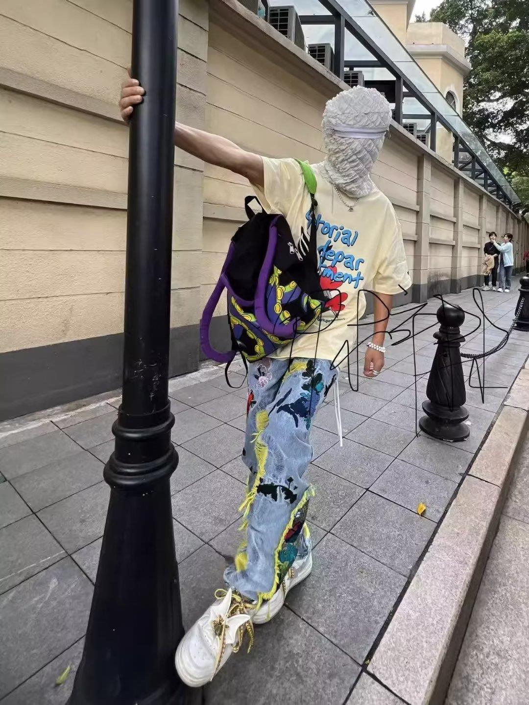 Heavy Embroidered Ripped Jeans American Hong Kong Style Street Fashion for Men And Women mid Waist Straight Pants Blue Long Brushed_voghion.com