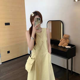 【隐形拉链＋小背包】清纯温柔黄色连衣裙女夏圆领收腰显瘦a字背