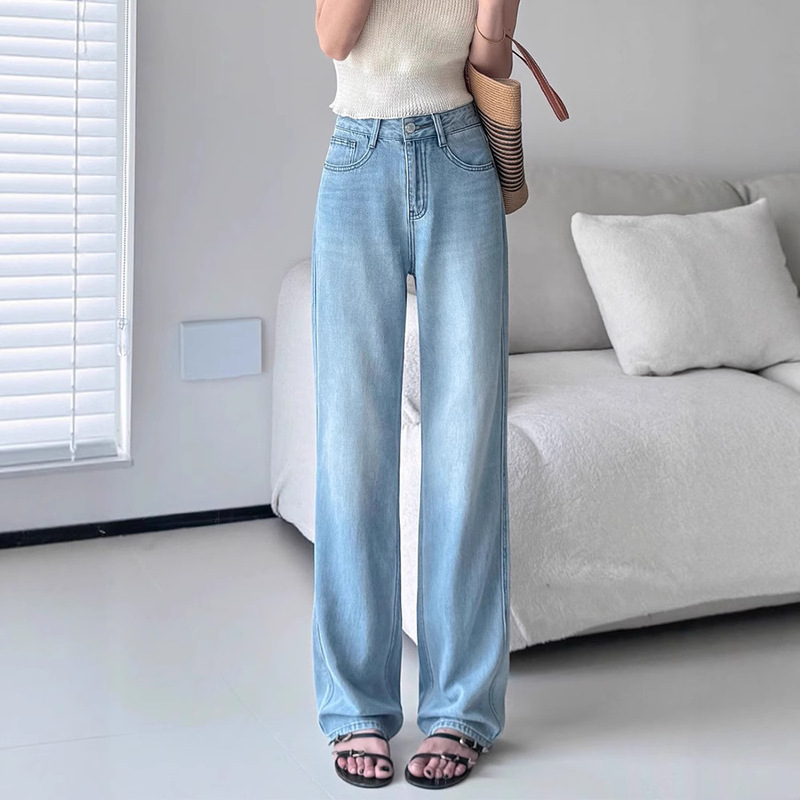 Light-Colored Narrow-Cut Tencel Jeans for Women, New Summer Style, Cool, High-Waisted, Loose Straight Pants