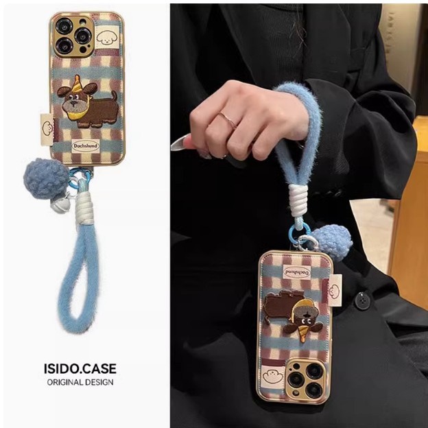 Cachorro bordado de dibujos animados iphone15 cuero 16ProMax funda para teléfono móvil apple 13 pareja 14 cordón 16