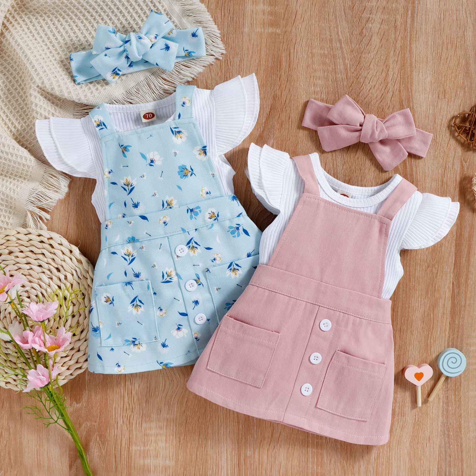 108g Weight Short Sleeve Sleeve Length 100% Cotton Fabric Type Skirt Sets Sets Type Casual Flower Button 100% Cotton Girls Clothing Sets