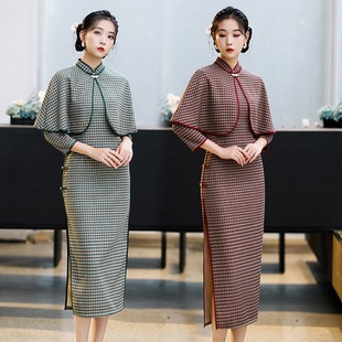 A generation of hair 2021 autumn and winter seven-point sleeve long two-piece suit for the elderly temperament improved cheongsam