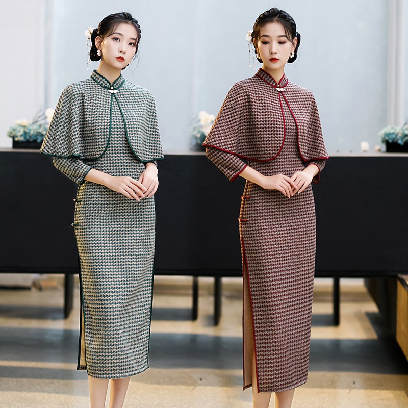 一件代发2021年秋冬款七分袖长款两件套套装中老年款气质改良旗袍