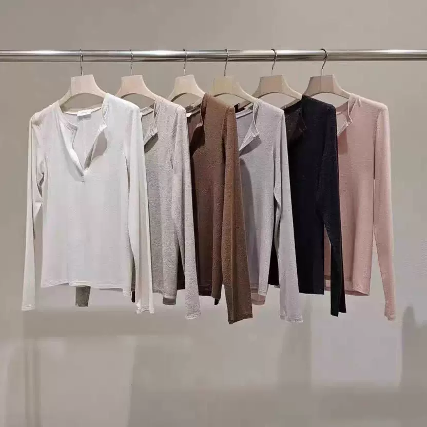 现货2025秋季新款韩国东大门宽松纯色简约开叉v领显瘦长袖T恤上衣