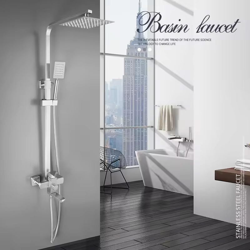 Cross-Border 304 Stainless Steel Shower Head Set Household Bathroom Brushed Gold Square Supercharged Top Faucet