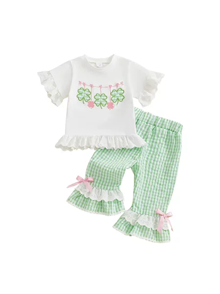 Girls' Summer Short-Sleeved Four-Leaf Clover Style Embroidered Four-Leaf Clover Lace Short-Sleeved Top + Plaid Flared Pants Two-Piece Set
