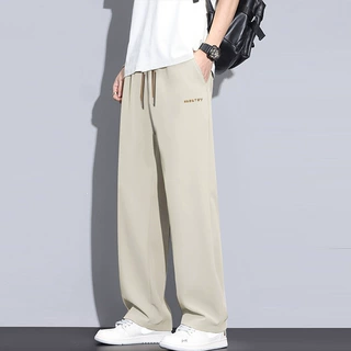 夏季垂感直筒阔腿休闲裤男士抽绳松紧腰字母宽松拖地百搭潮流长裤
