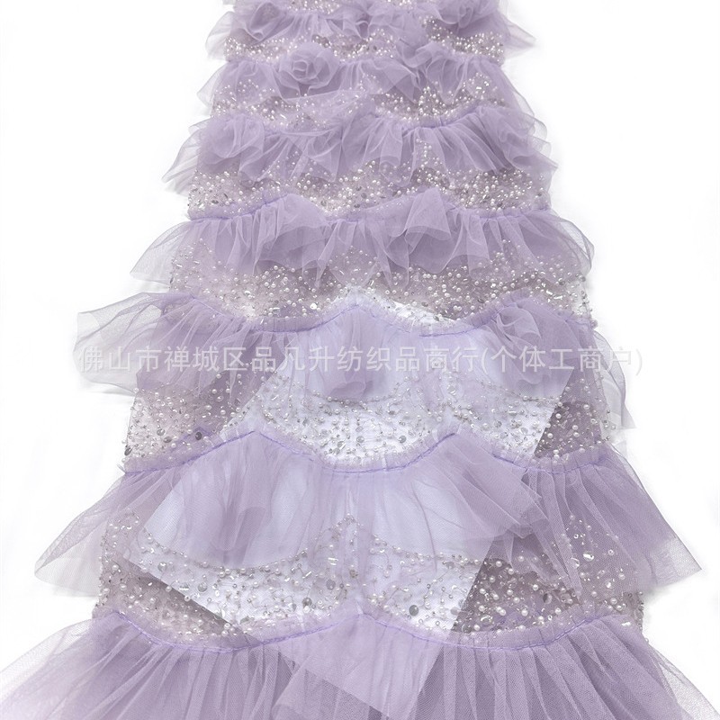 Falda de pastel laminada hecha a mano hilo de malla de perlas ligero lujoso vestido de aire de hadas de estilo de moda alta tela de vestido