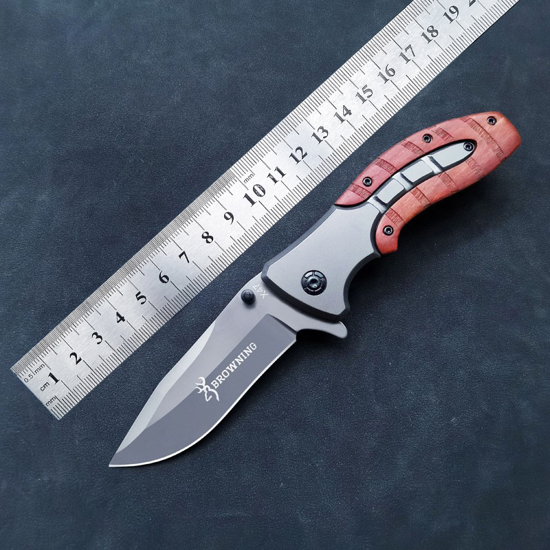 勃朗宁不锈钢小刀户外折叠水果刀露营便携刀具木柄折刀速卖通货源